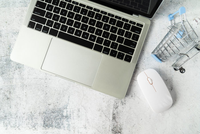 top-view-laptop-with-mouse-its-side top-view-laptop-with-mouse-its-side