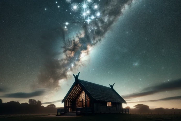 night-sky-and-Matariki-cluster-shining-above-the-silhouette-of-a-Wharenui